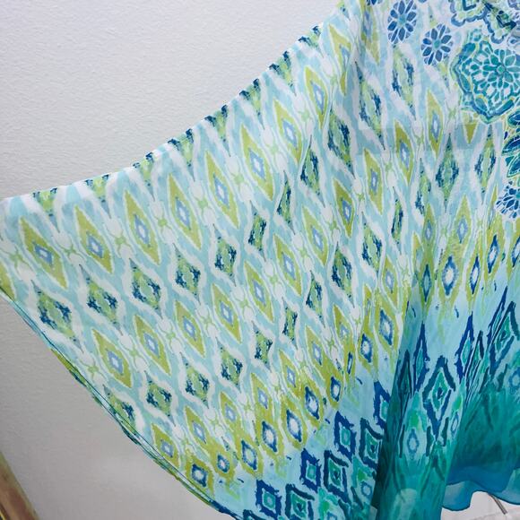 Susan Graver Sheer Chiffon Tunic Top Size L Blue Green Ikat Geometric V-Neck - Picture 5 of 8